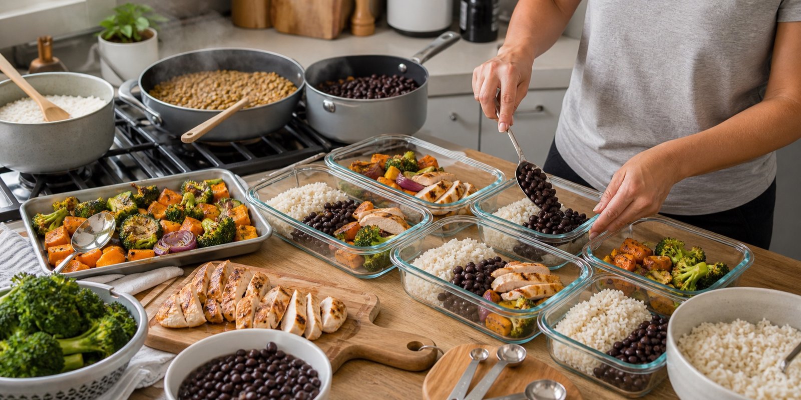 Preparo em lote com arroz, feijão, frango, legumes e potes sendo montados na cozinha.