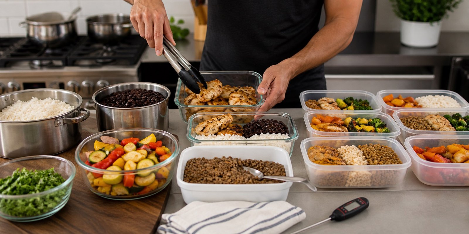 Preparo em lote de marmitas fitness com alimentos cozidos, resfriamento em potes rasos e cozinha organizada.