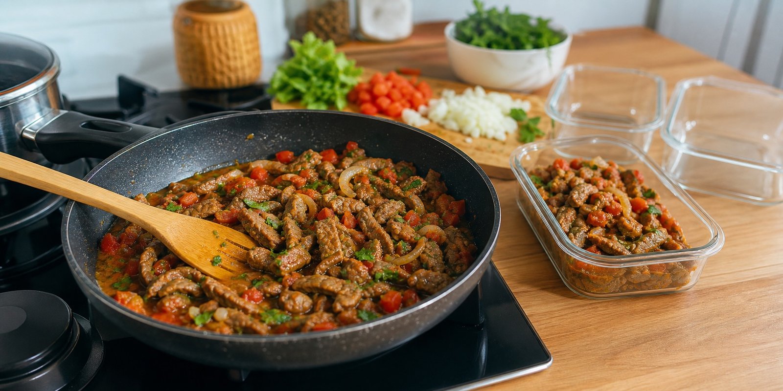 Carne bovina magra preparada com tomate e cebola para ficar suculenta no pote.