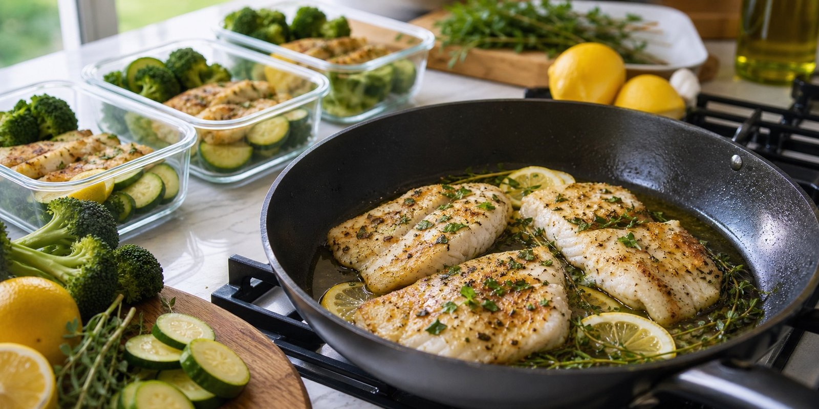 Filés de peixe com limão, ervas, legumes e potes de marmita durante o preparo.