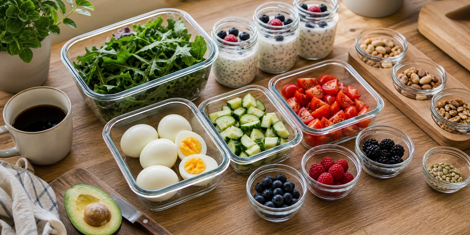 Potes de preparo semanal com ovos cozidos, folhas, pepino, tomates, iogurte com chia, frutas vermelhas e castanhas porcionadas.