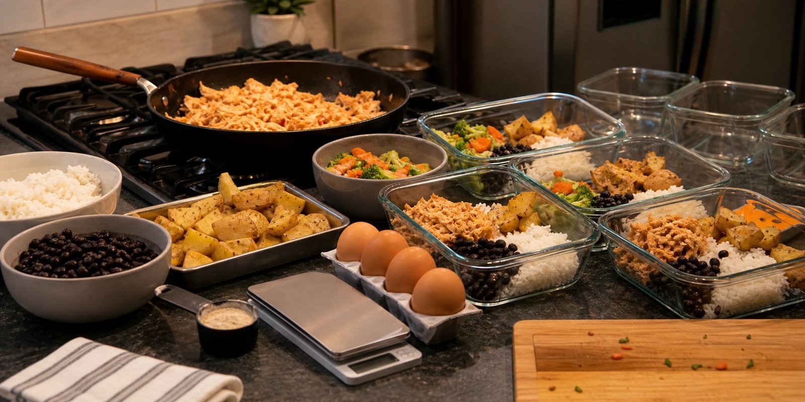 Preparo semanal com arroz, feijão, frango desfiado, legumes e batata em recipientes.