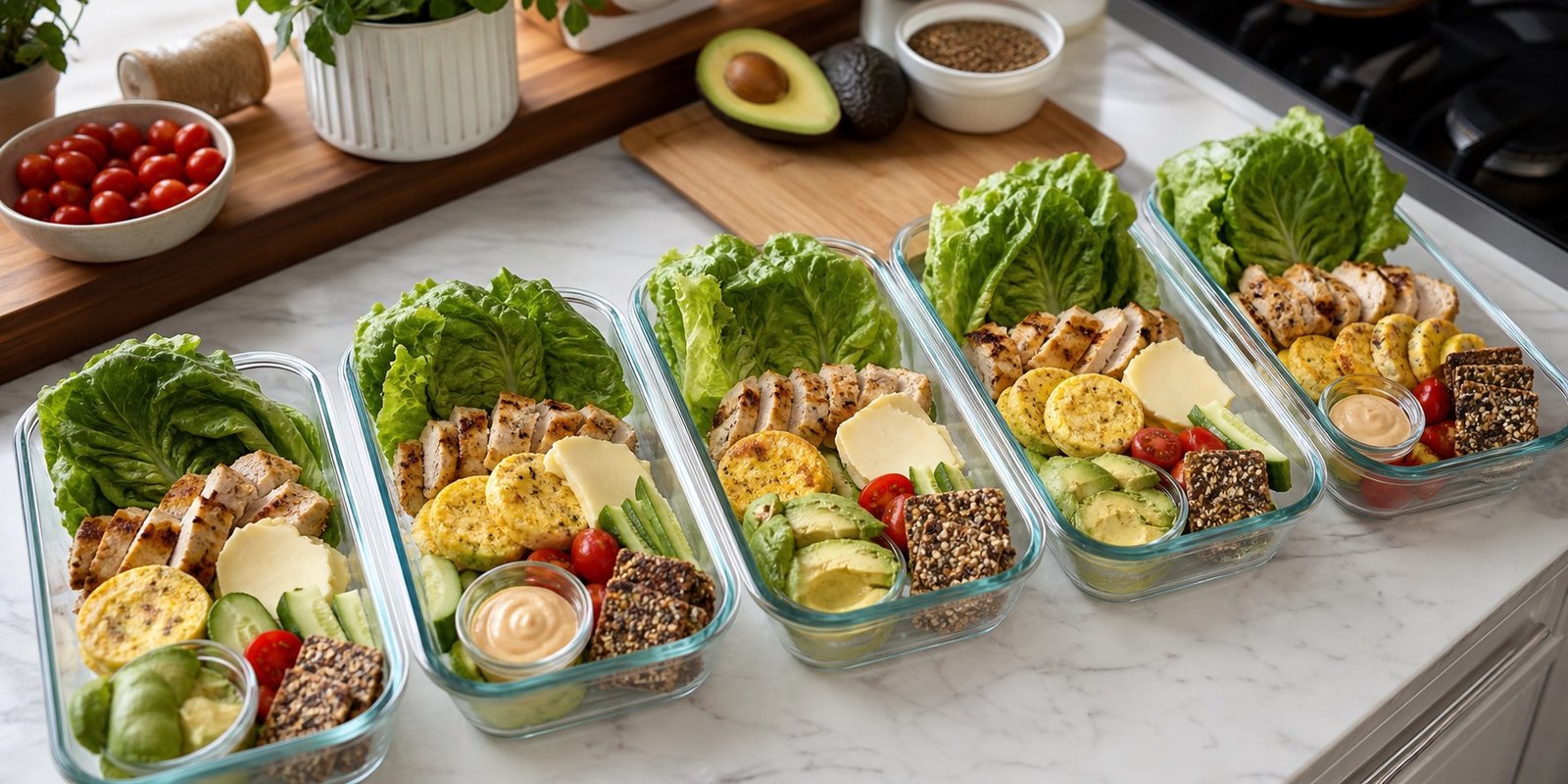 Marmitas organizadas com alface, frango, ovos, queijo, abacate, pepino, tomate e crackers de sementes para a semana low carb.