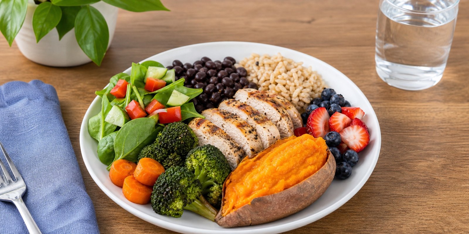Prato com proteína, fibras, carboidratos de qualidade e água no pós-jejum.