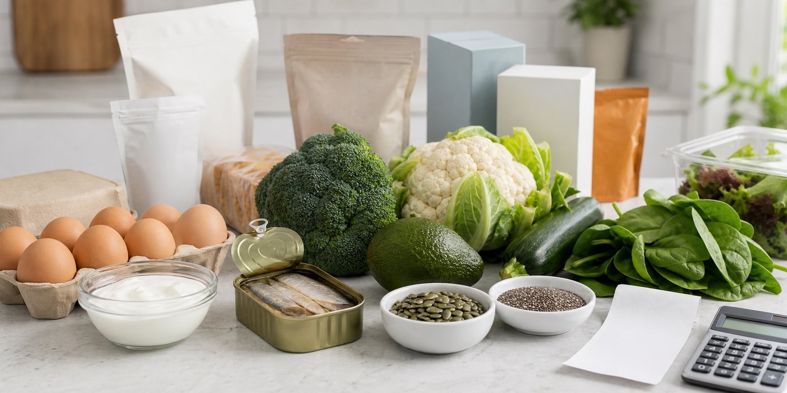 Comparação entre comida low carb simples e produtos industrializados genéricos sem rótulos visíveis sobre bancada de cozinha.