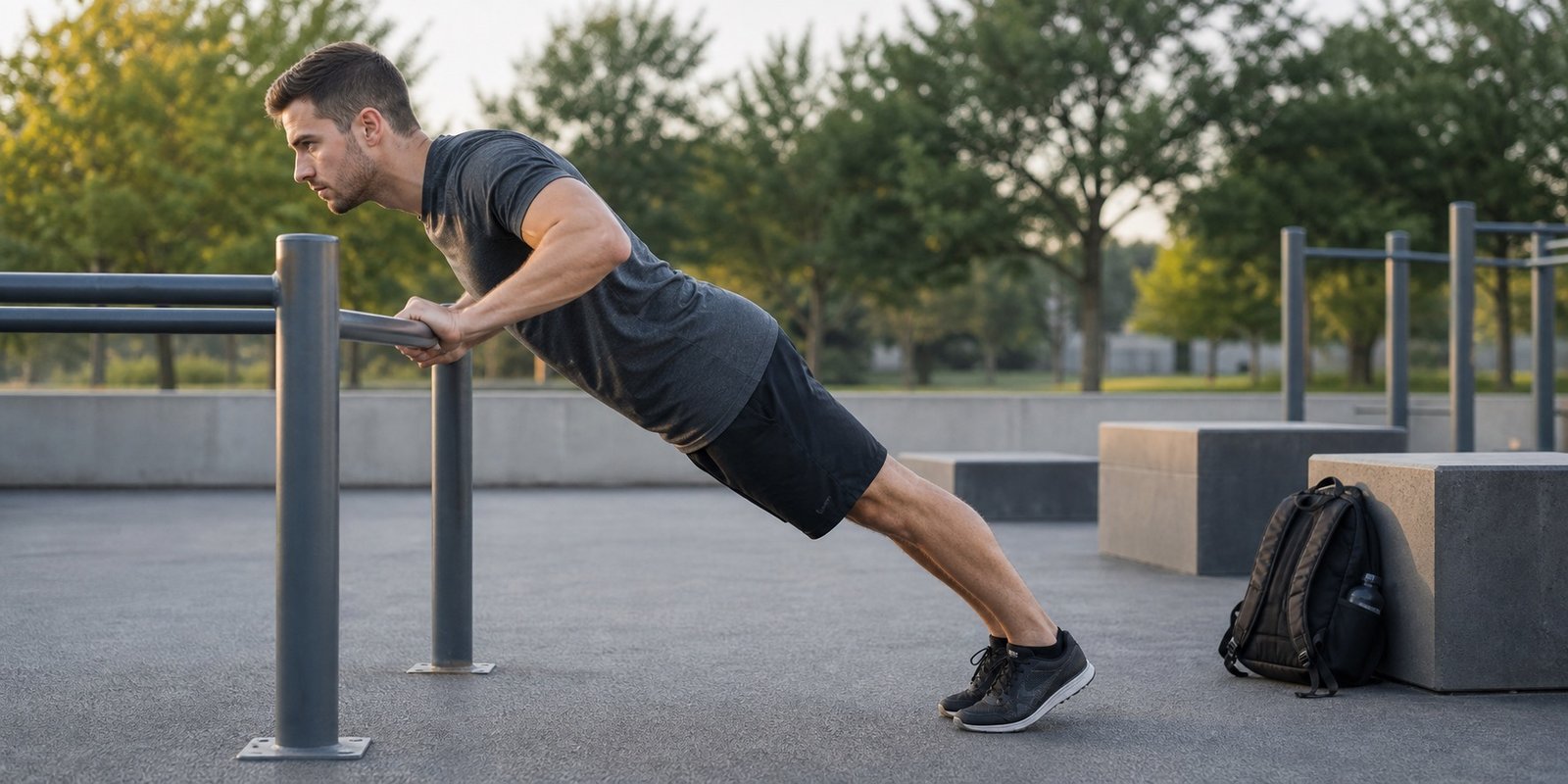 Atleta fazendo flexão inclinada em barras para aplicar progressão no treino de calistenia sem pesos.