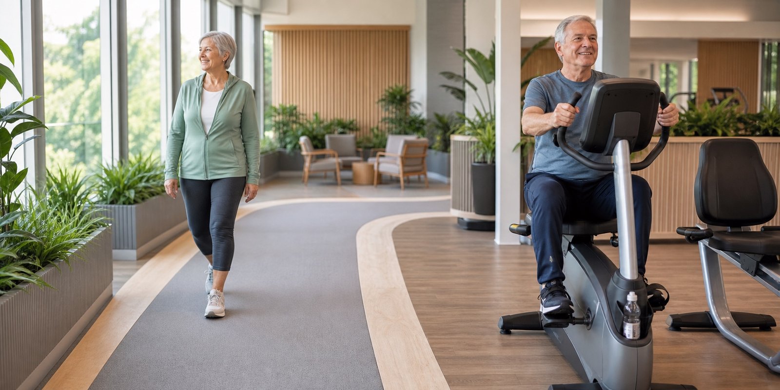 Adultos mais velhos usando caminhada e bicicleta ergométrica em ambiente acessível para progredir no cardio.