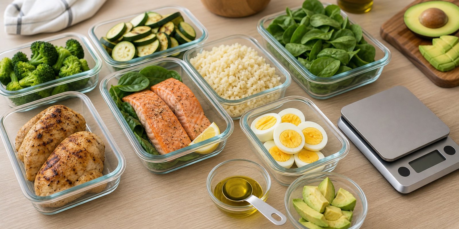 Marmitas com proteínas, vegetais, abacate e azeite medido para organizar calorias