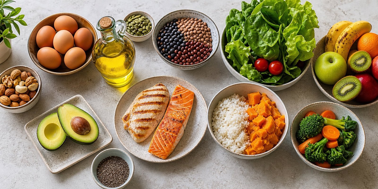 Ingredientes saudáveis agrupados em proteína, carboidrato, gorduras boas, vegetais e frutas.