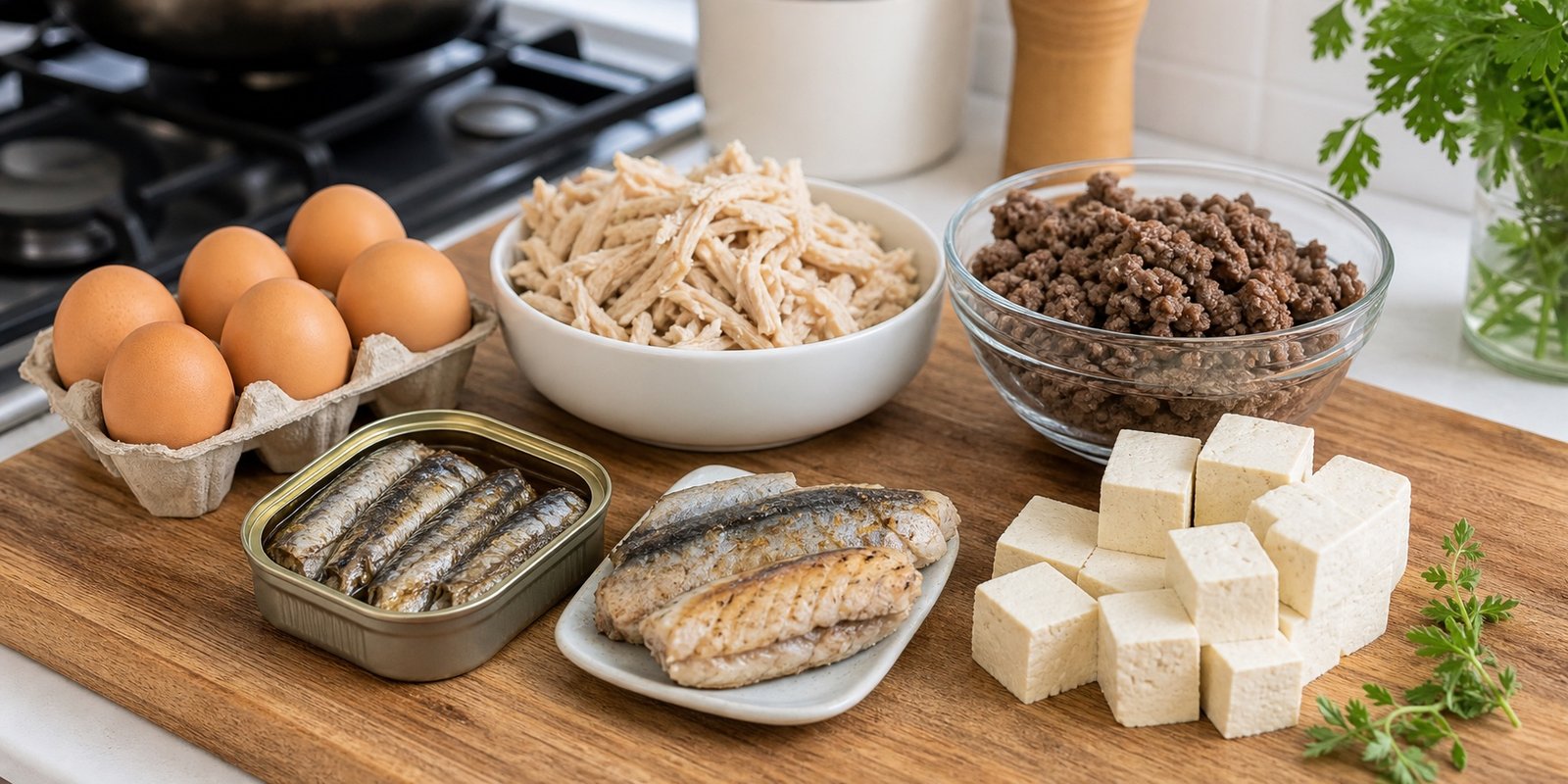 Proteínas baratas para dieta cetogênica, incluindo ovos, sardinha, frango desfiado, carne moída, peixe e tofu.