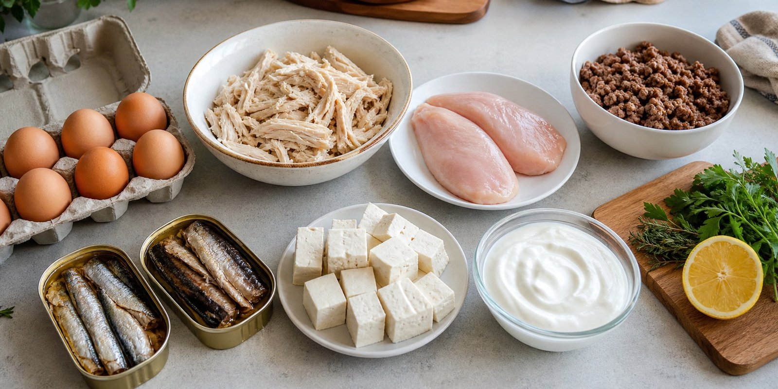 Proteínas low carb baratas com ovos, frango, carne moída, sardinha, tofu, iogurte natural, limão e ervas.