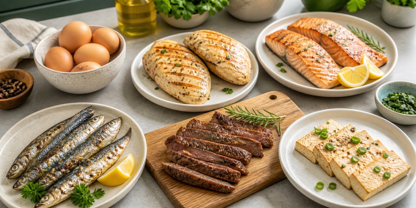 Proteínas permitidas na dieta cetogênica, incluindo ovos, frango, peixe, carne e tofu em porções práticas.