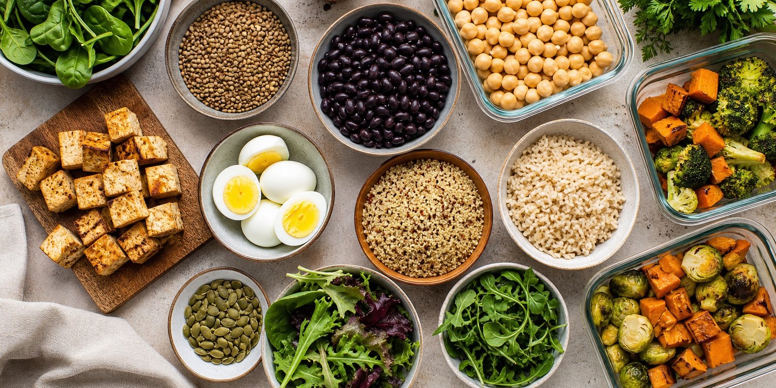 Fontes de proteína vegetariana para marmita fitness, como tofu, ovos, lentilha, feijão e grão-de-bico.
