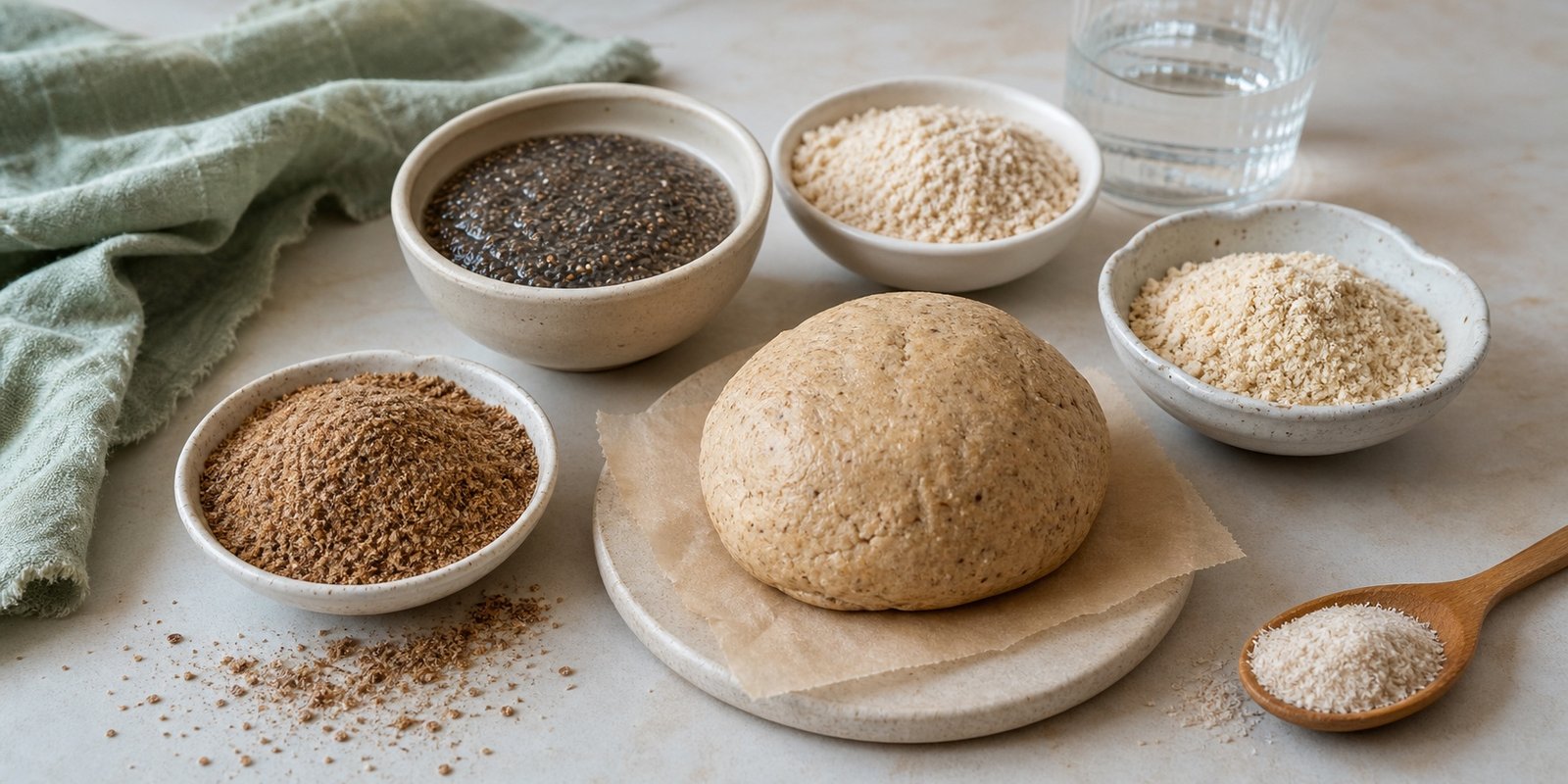 Psyllium, linhaça e chia com água e massa de pão baixo em carboidrato para dar liga sem glúten