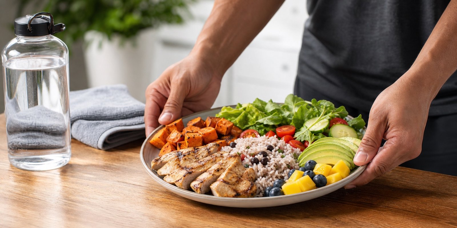 Refeição pós-treino com proteína, carboidrato, vegetais e água para quebrar jejum intermitente.