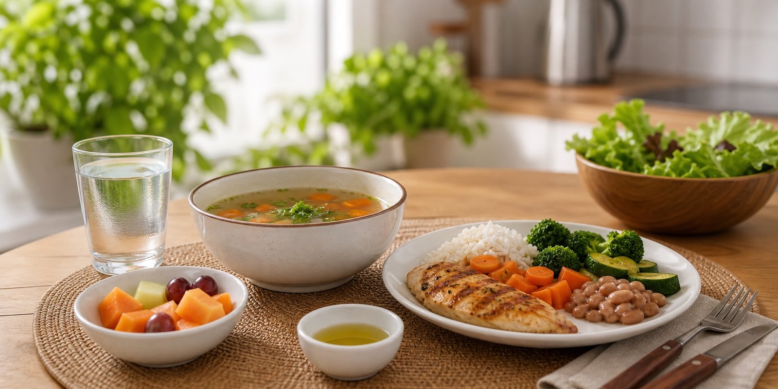 Refeição leve com proteína, vegetais, fruta e água para voltar a comer com moderação