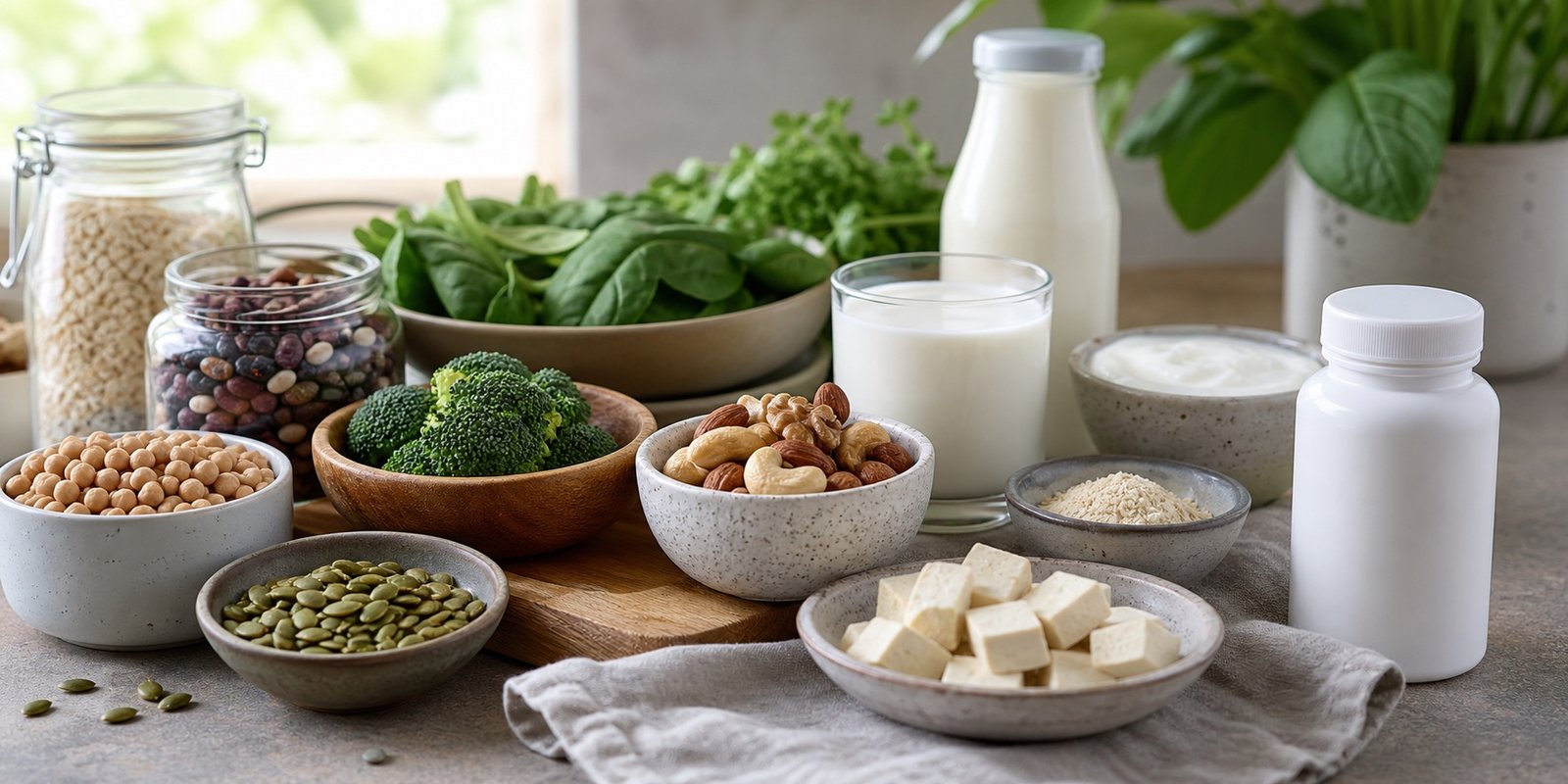 Fontes alimentares de vitaminas e minerais ao lado de um frasco de suplemento neutro.