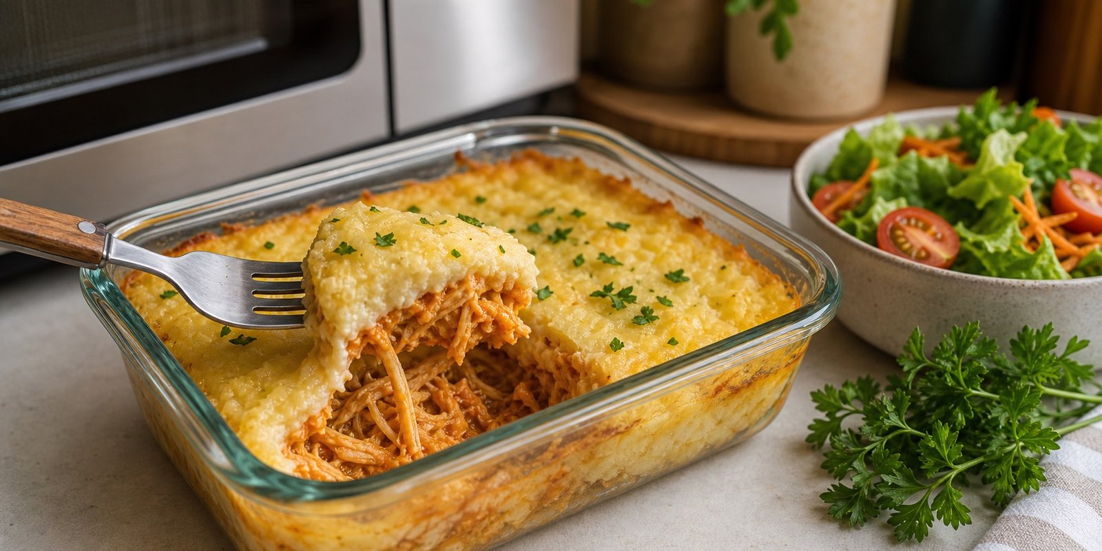 Porção reaquecida de escondidinho de mandioca com frango úmido e salada fresca ao lado.