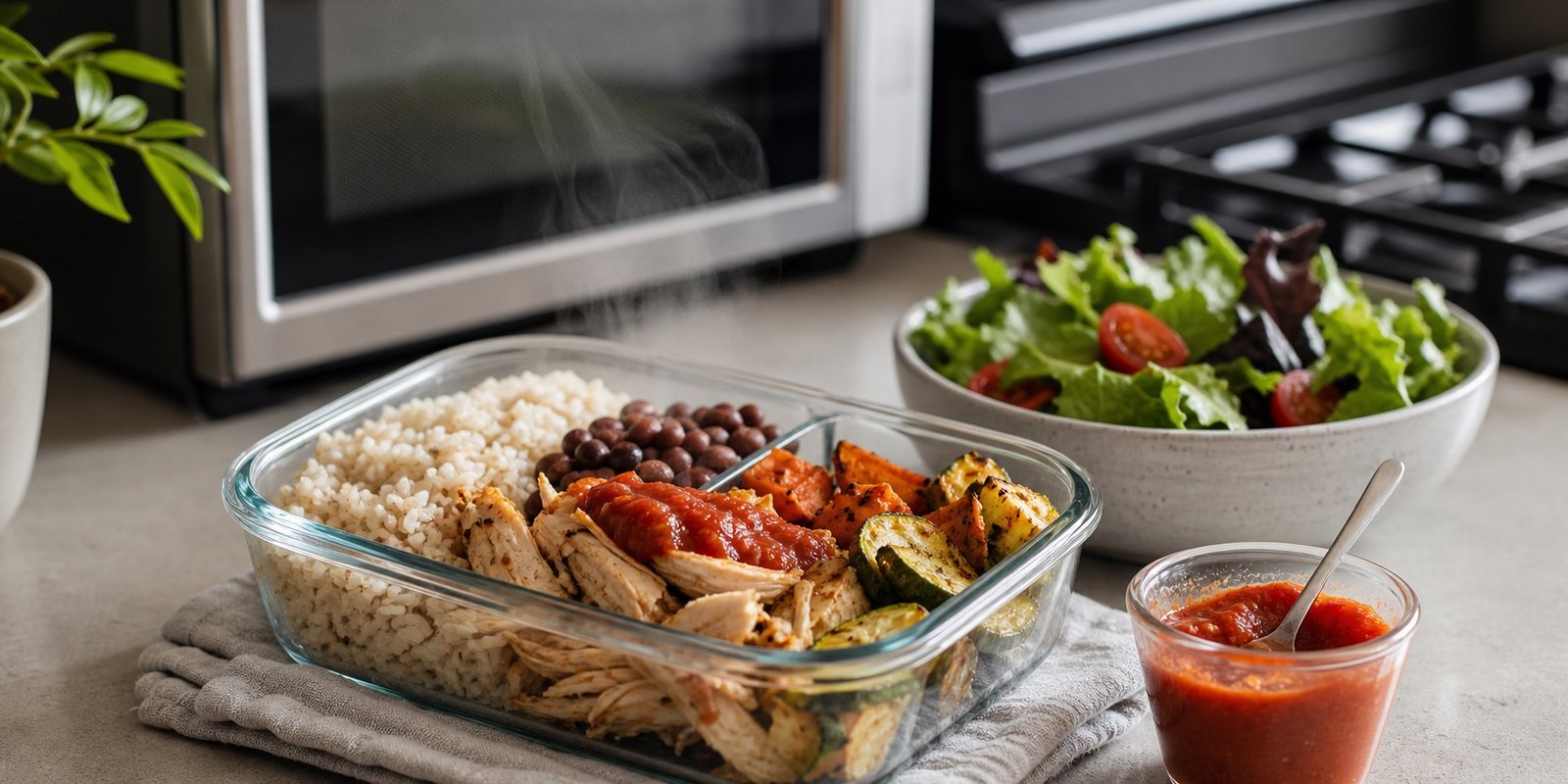 Marmita fitness com arroz, feijão, frango, legumes e molho sendo reaquecida com salada fresca separada.