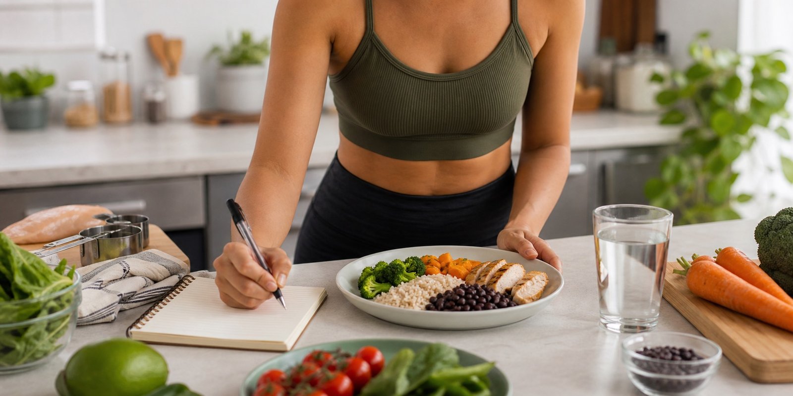 Prato equilibrado com proteína, vegetais e carboidrato moderado para ajustar a dieta sem exageros.