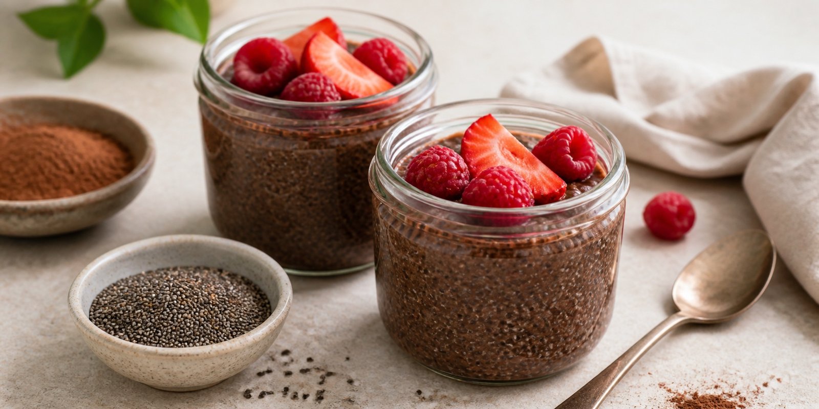 Chia pudding de chocolate com frutas vermelhas em potes de vidro para sobremesa keto.