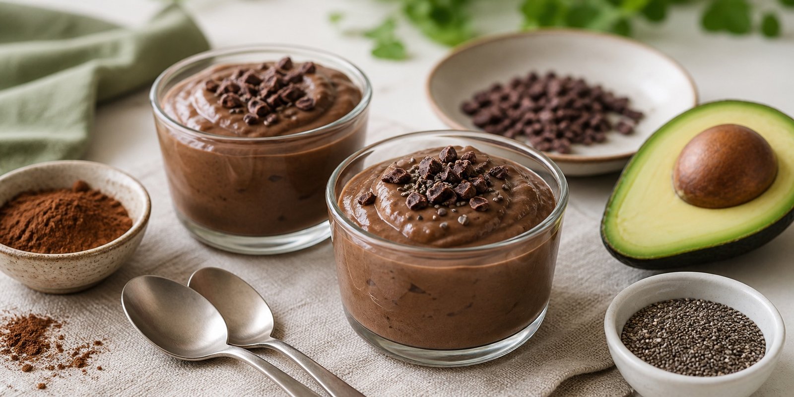 Creme de abacate com cacau keto em copos pequenos com chia e cacau sem açúcar.