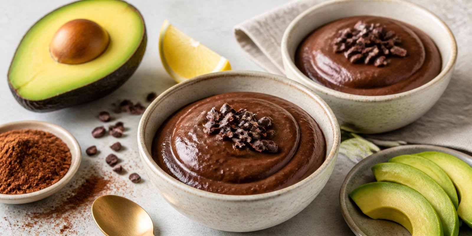 Creme de abacate com cacau servido em tigelas, com nibs de cacau e fatias de abacate.