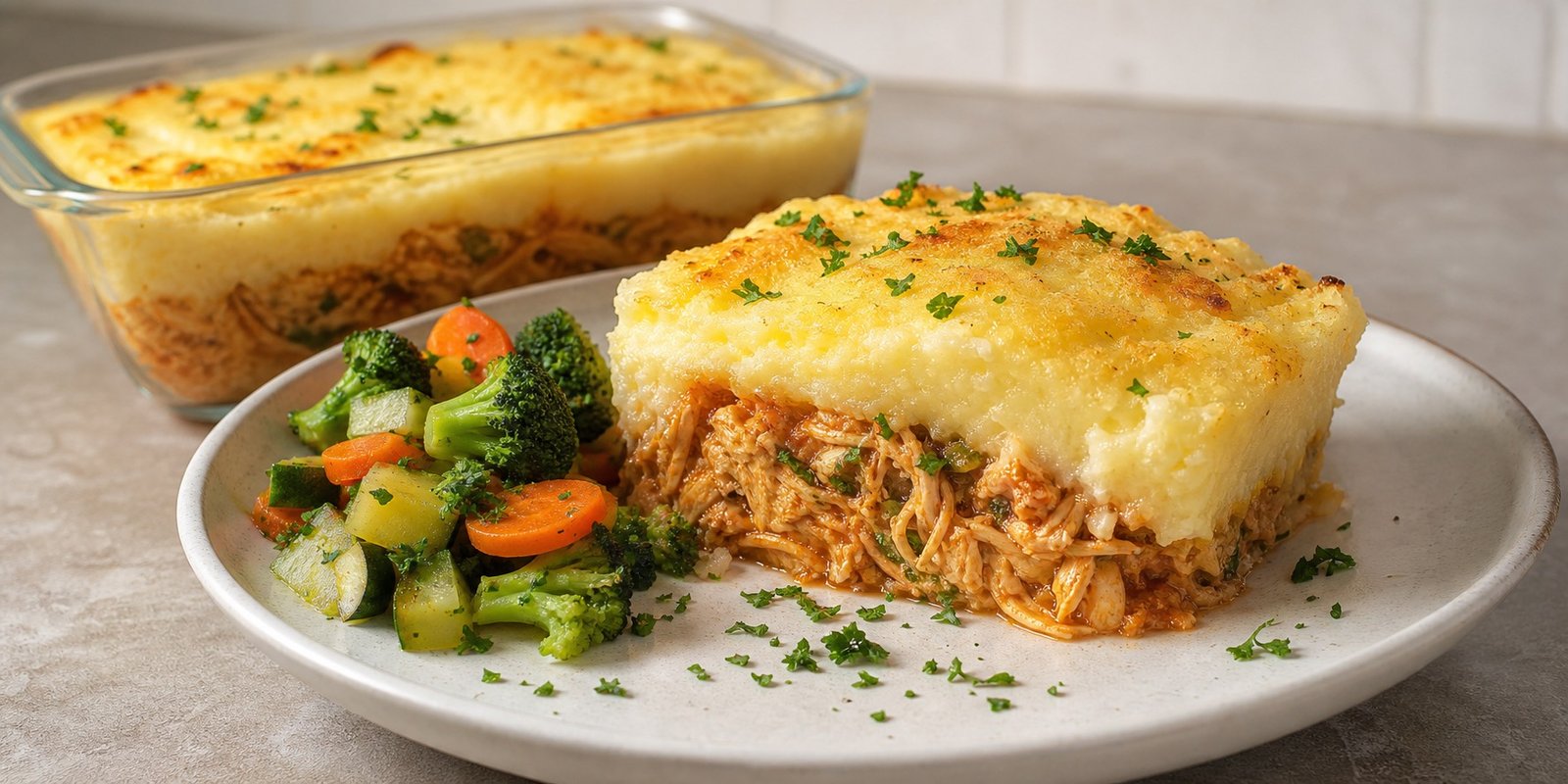 Escondidinho de mandioca fit com frango desfiado, camada dourada e legumes ao lado.