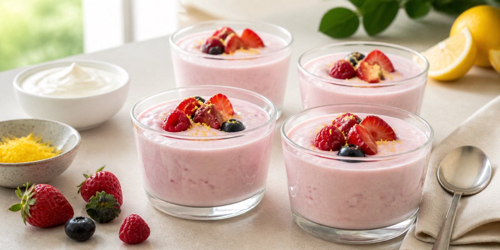 Gelatina cremosa sem açúcar com iogurte e frutas vermelhas em copos individuais.