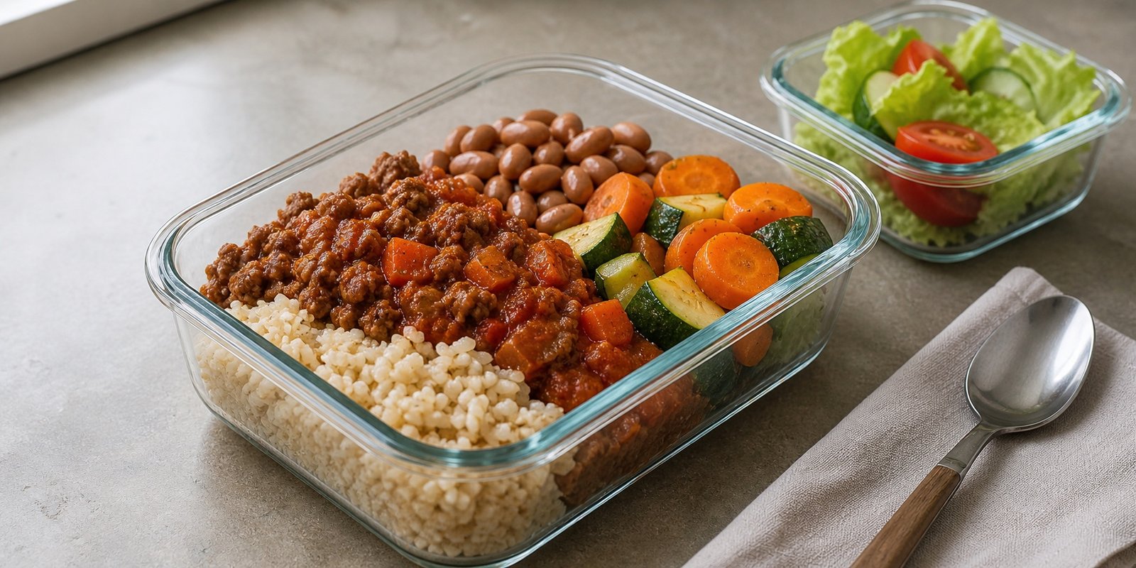 Marmita com arroz integral, carne moída ao molho, feijão, legumes e salada separada.
