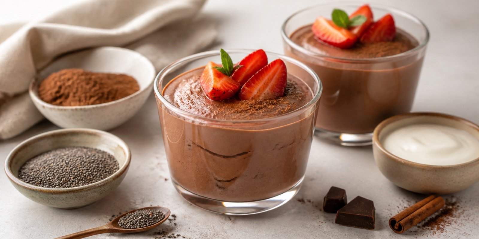 Doce cetogênico de mousse de cacau com iogurte, morangos e chia em potes individuais.
