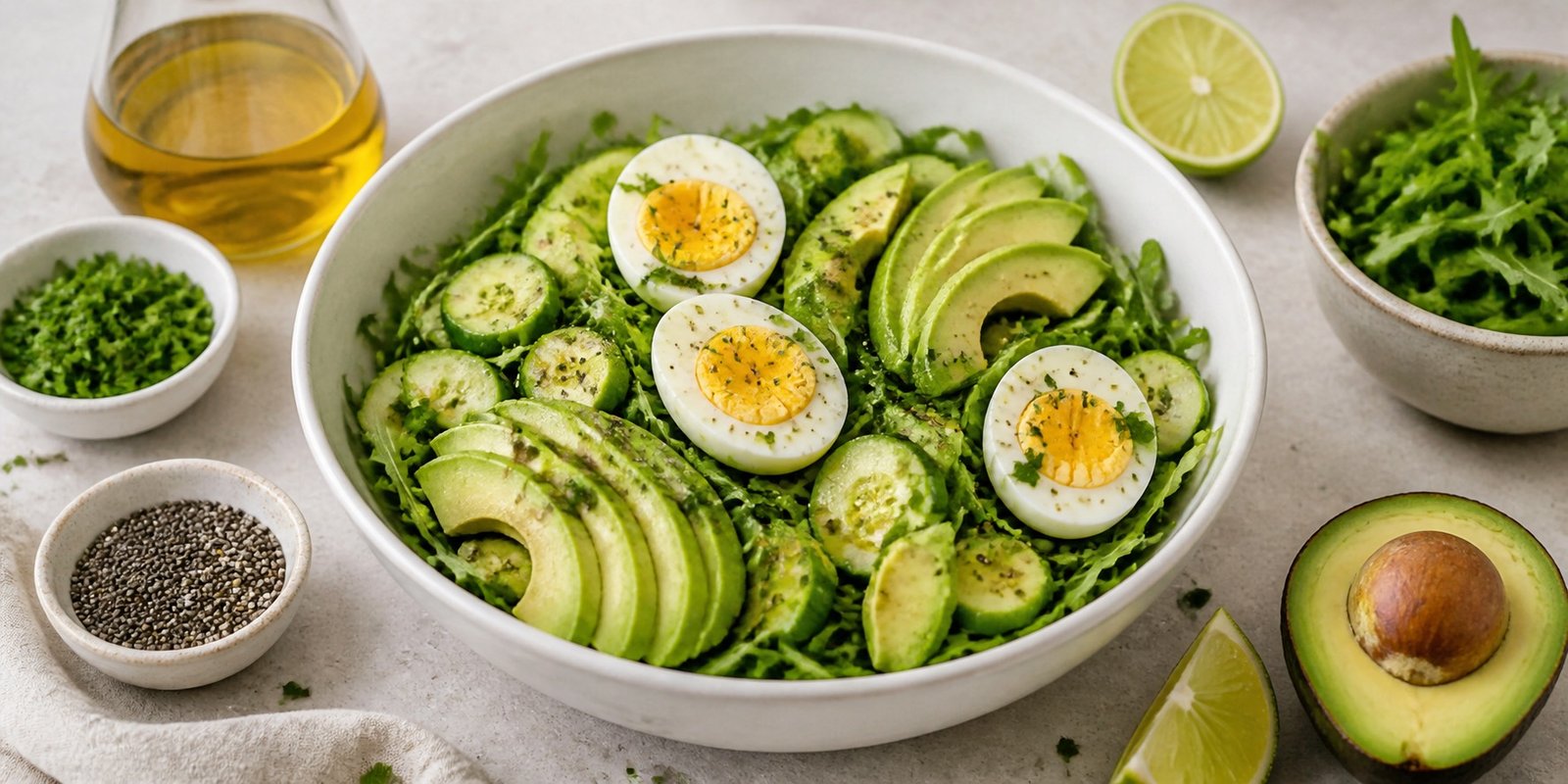 Salada keto de abacate com ovo, rúcula, pepino, limão, azeite e chia em tigela branca.