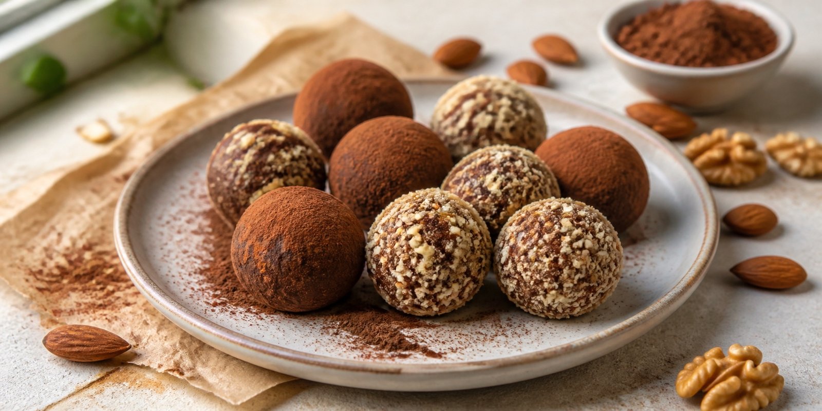Trufas keto pequenas de cacau com castanhas em prato claro, prontas para porcionar.