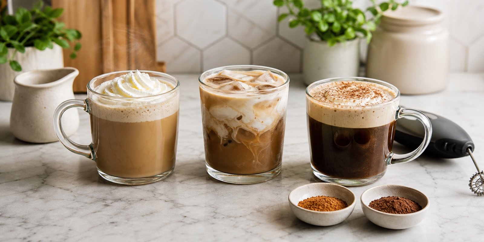 Variações de café cremoso keto com canela, cacau e gelo em porções controladas.