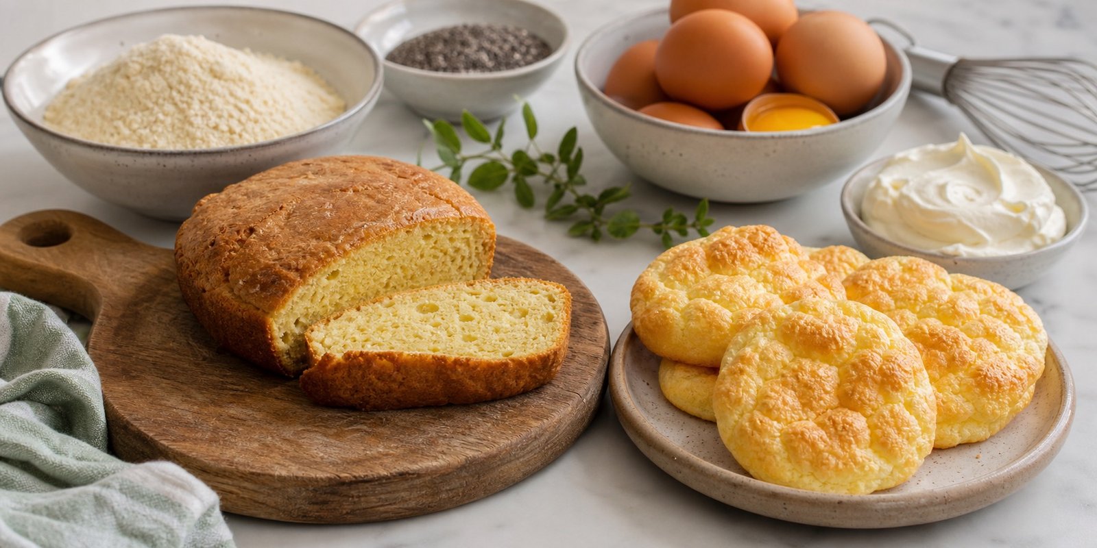 Pão caseiro low carb de farinha de amêndoas, pães de nuvem, ovos, chia, cream cheese e utensílios de cozinha.