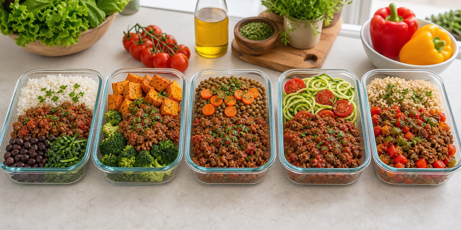 Cinco potes com arroz, feijão, lentilha, batata-doce e legumes usando a mesma base proteica.