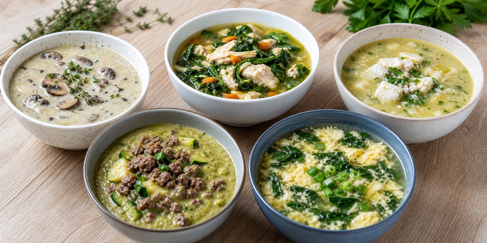 Cinco bowls com frango, couve-flor, cogumelos, espinafre, abobrinha e peixe em receitas low carb.