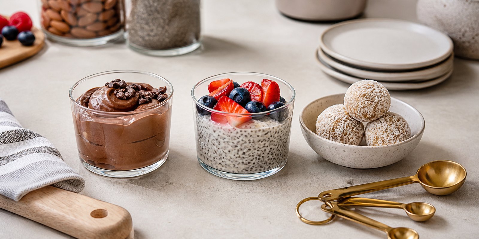 Sobremesas keto em porções pequenas com mousse de cacau, chia pudding, frutas vermelhas e trufas low carb.
