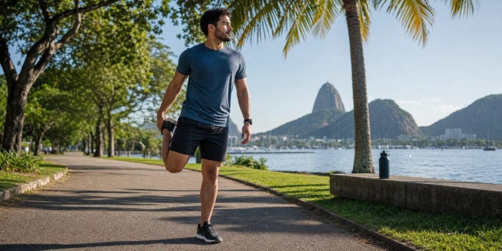 Pessoa fazendo recovery muscular com alongamento ao ar livre durante descanso ativo após o treino.