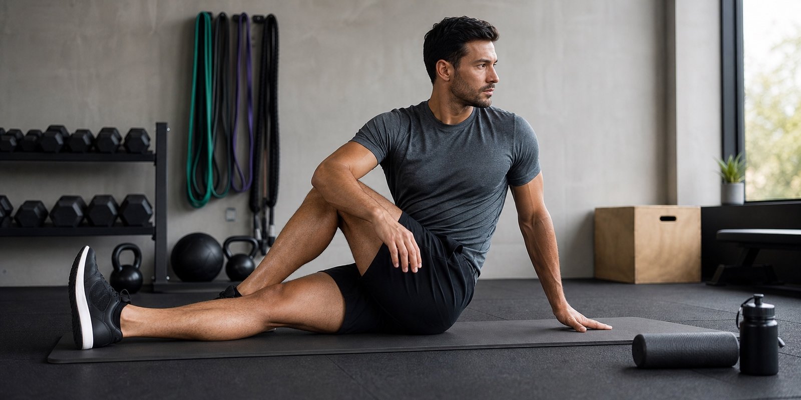 Atleta fazendo recovery muscular com mobilidade em estúdio funcional entre sessões de treino.