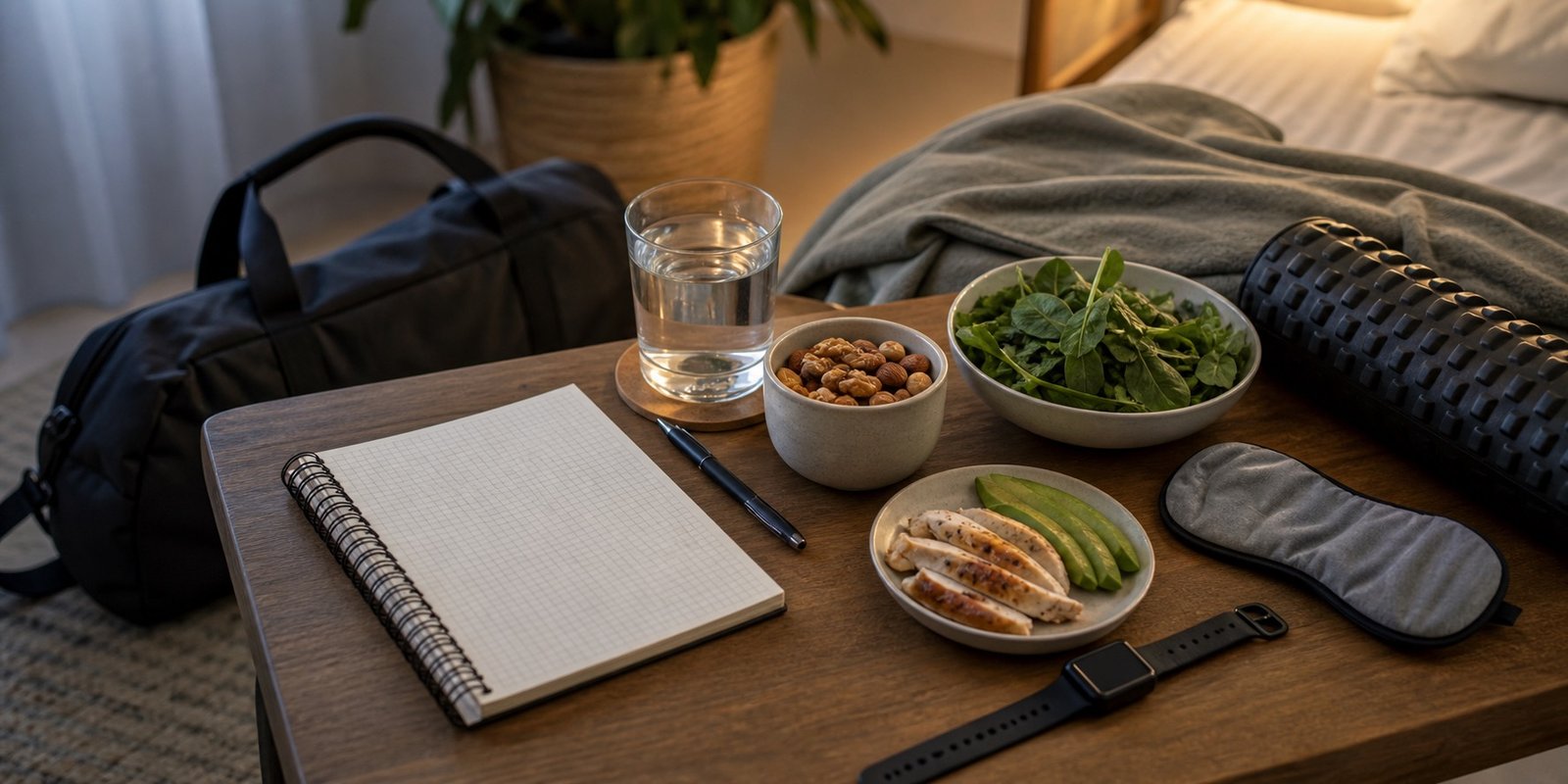 Itens de recuperação com água, alimento proteico, rolo de liberação e caderno de acompanhamento