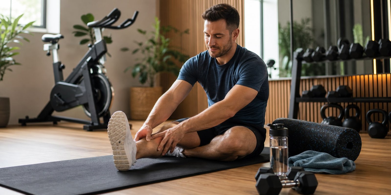 Pessoa alongando após treino com bike, halteres, foam roller e água em canto de recuperação.