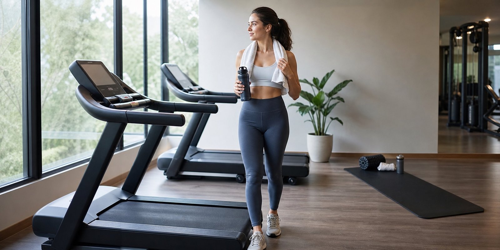 Pessoa hidratando após cardio na esteira com volta à calma e recuperação.