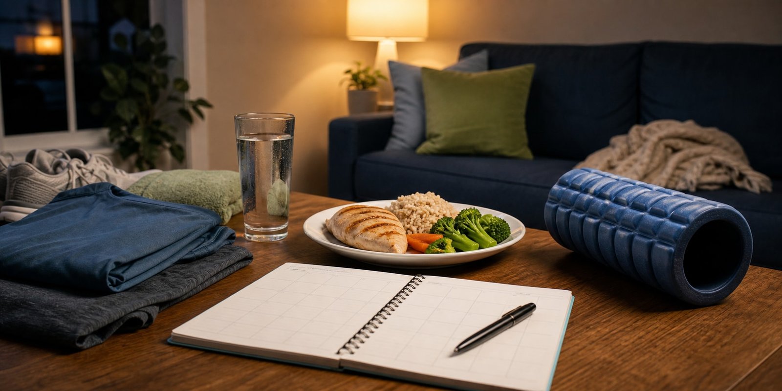 Rotina de recuperação com jantar proteico, água, roupas de treino e sono como base antes do BCAA.