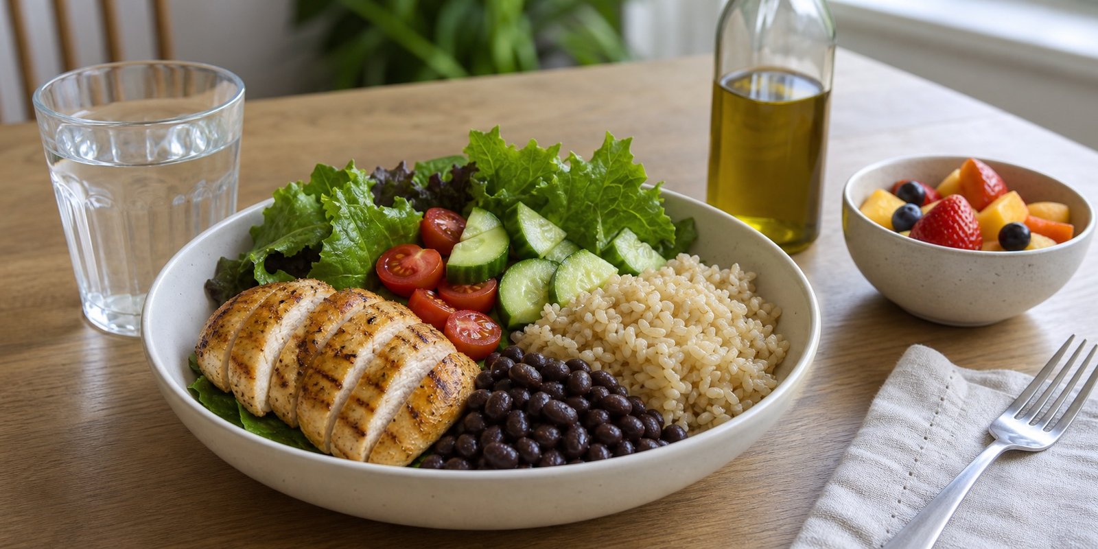 Prato com frango, feijão, arroz integral em porção moderada, salada e água para aumentar saciedade.