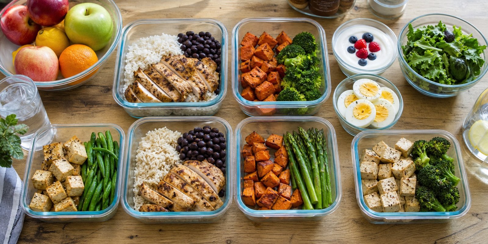Marmitas com arroz, feijão, frango, ovos, tofu e vegetais para organizar proteína na janela alimentar.