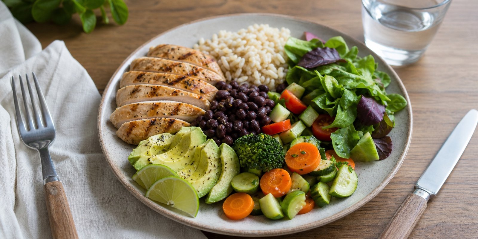 Prato equilibrado com proteína, fibras, carboidrato de qualidade e água para aumentar a saciedade.