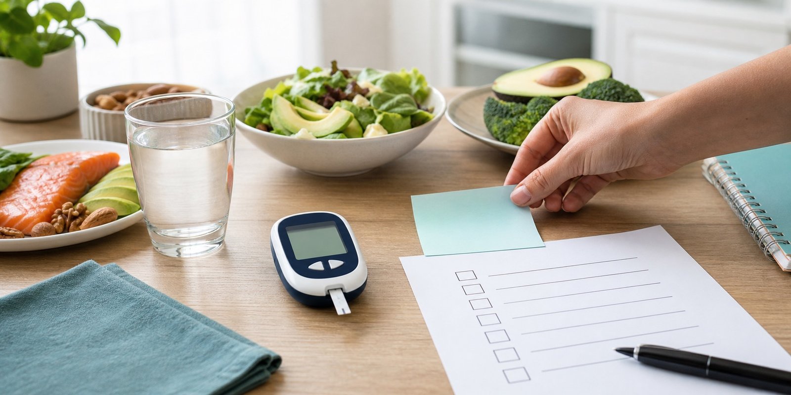 Checklist de segurança com monitor de glicose, alimentos low carb e sinais de alerta.