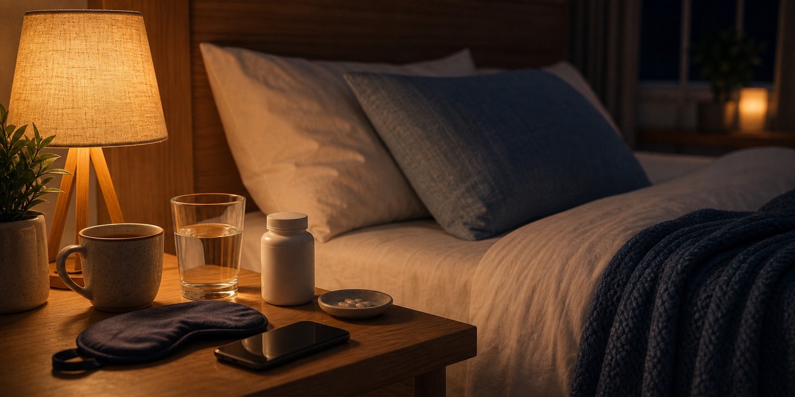 Rotina noturna sem telas fortes com água, chá e ambiente calmo para dormir melhor.