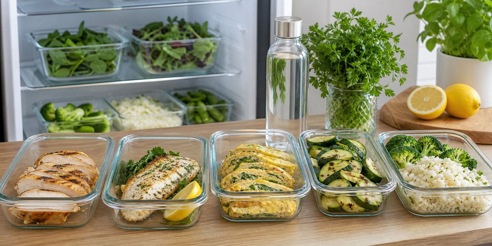Potes de vidro com frango, peixe, omelete, abobrinha, brócolis, couve-flor e folhas para organizar jantares low carb da semana